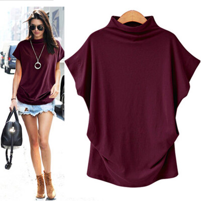 

Nomeni Women Turtleneck Short Sleeve Cotton Solid Casual Blouse Top T Shirt Plus BKL