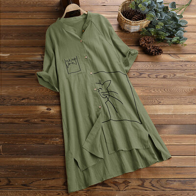 

Nomeni Women Plus Size Loose Linen Swing Vintage V-Neck Pocket Print Tops Shirt Blouse