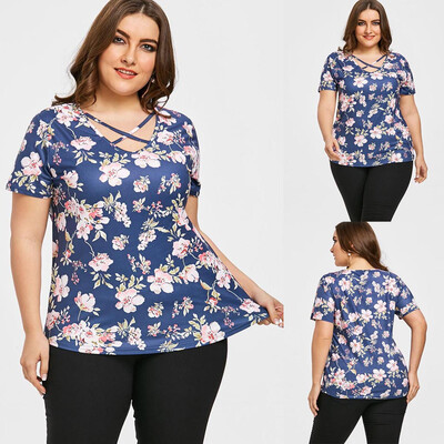 

Starmoon Womens Plus Size Casual V-Neck Short-Sleeved Printed Curved Hem T-shirt Top