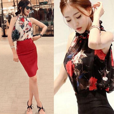 

Women&39s Floral Hight Neck Chiffon Sleeveless Tops Party Casual Blouse Size -XXL