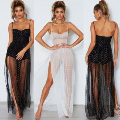 

US Women Mesh Sheer V Neck Maxi Dress See-through Party Clubwear Beach Dress New