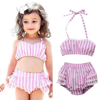 

Cute Toddler Baby Girls Striped TopsLace Briefs Shorts 2pcs Outfits Set Sunsuit