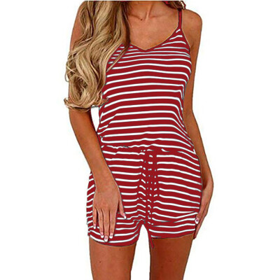 

Tailored Women Casual Spaghetti Strap Adjustable Waist Drawstring Short Jumpsuit Romper