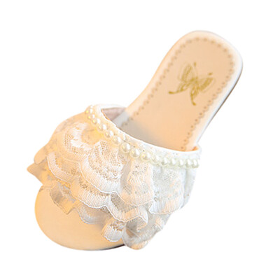 

Girls Children Beach Princess Shoes Pearls Casual Lace Summer Sandals Slippers