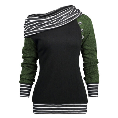 

Nomeni Fashion Women Bow-Neck Long Sleeve Striped PatchWord Button Sweatshirt Top