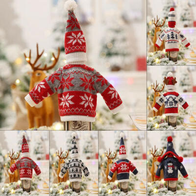 

Wine Bottle Cover Wrap Knitted Sweater Hat Christmas Holder Table Decor set