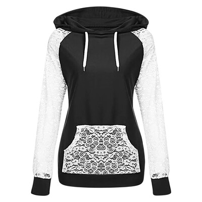 

Hoodie Women Top Lace Printed Long Sleeve Pocket Drawstring Sweatshirt