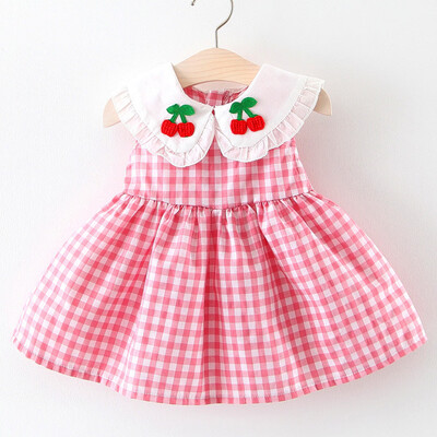 

Newborn Kids Baby Girl Plaid Embroideried Fruit Ruffled Princess Dress Sundress