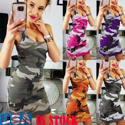 

Womens Plus Size Camouflage Printed Scoop Neck Sleeveless Bodycon Deep-V Dresses