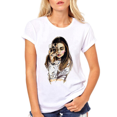 

Starmoon Women Cartoon Girl Print Round Neck Short Sleeved White T-shirt Blouse