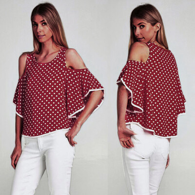 

Nomeni Womens Off The Shoulder Polka Dot T Shirt O Neck Butterfly Sleeve Top Blouse
