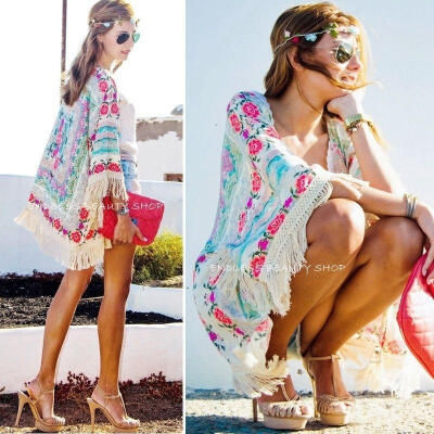 

New Women Boho Fringe Floral Kimono Cardigan Tassels Beach Cover Up Cape Jacket