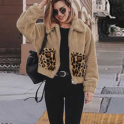 

Toponeto Women Fashion Turn-down Collar Pockets Leopard Print Plush Cardigan Coat Tops