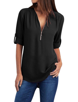 

Women Tops Casual Street Half Sleeve V-Neck Blouse Loose Plus Size Zipper Chiffon Blouse Shirts