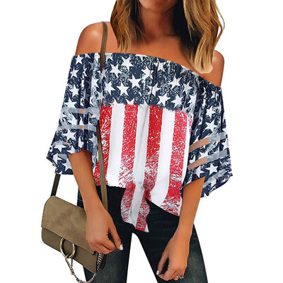 

Nomeni Women American Flag Off Shoulder Mesh Panel Blouse 34 Bell Sleeve Top Shirt