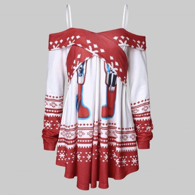 

Tailored Women Christmas Long Sleeve Off Shoulder Print Pullover Casual Blouse Tops