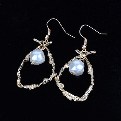 

EK461 Korea Design Metal Gold Geometric Irregular Circle Bowknot Natural Simulated Pearl Drop Earrings for Women Studs Girl Gift