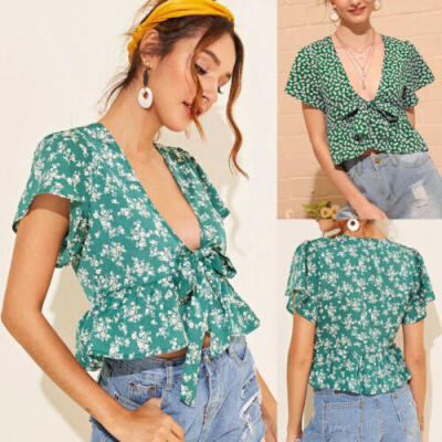 

Women Summer Floral Wide Sleeve Ruffle Low-cut Ladies Casual Top Blouse Shirt