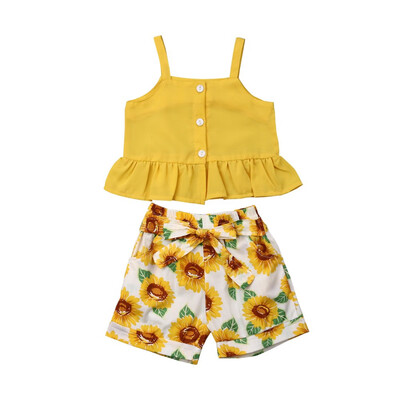 

2PCS Toddler Kids Baby Girl Clothes Sunflower Vest TopsShorts Pants Outfits Set