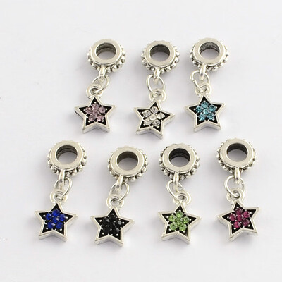

Alloy Rhinestone European Dangle Beads Star Antique Silver Mixed Color 24mm Hole 4mm
