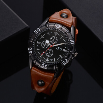 

Gobestart Casual Fashion Fake Three Eye Six Needle Leather Padded Strap Mens Quartz Watch