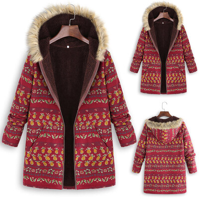 

Toponeto Women Fur Collar Zipper And Velvet Printed Cardigan Long Button Coat Outwear