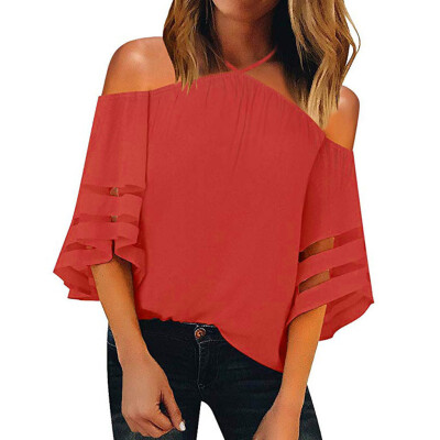 

Nomeni Women Off Shoulder Mesh Panel Blouse 34 Bell Sleeve Loose Top Shirt