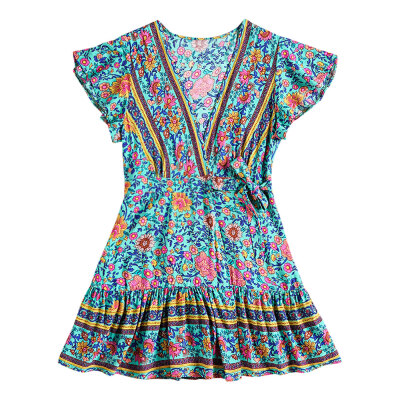 

Plunge Neck Short Sleeve Floral Print A-line Pleated Belted Women Wrap Dress