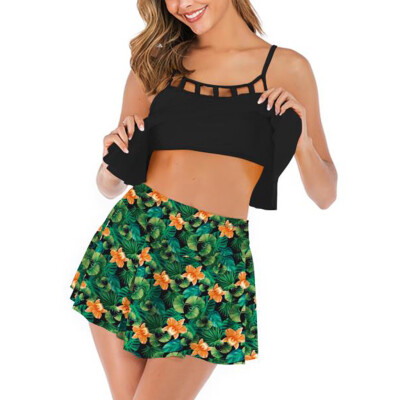 

Roseonmyhand Women Tankini Set With Pantskirt Bikini Set Swimwear Push-Up Padded Bra Panskirt