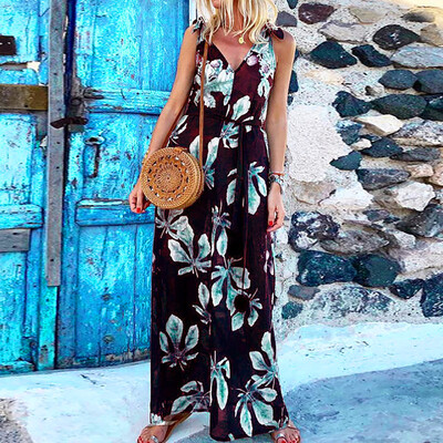 

Starmoon Women Loose Sleeveless Floral Print Rompers High Waist Long Jumpsuit