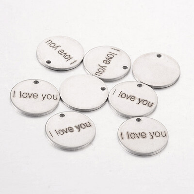 

Stainless Steel Pendants Flat Round with Word I Love You Stainless Steel Color 15x1mm Hole 13mm