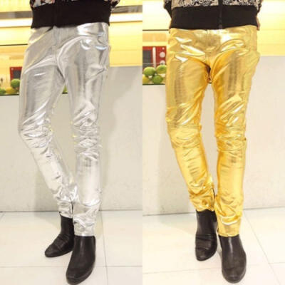 

Mens Cosplay Stage Performance Slim Trousers Fight Skin Faux Leather Pants