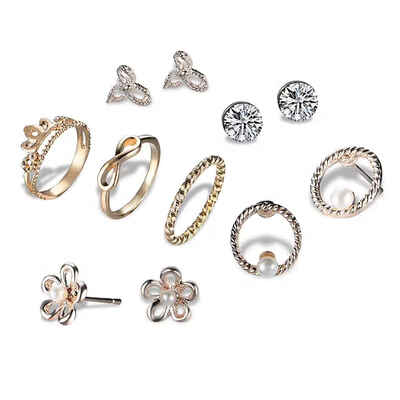 

Crown Shape Rings Rhinestone Metal Petals White Pearls Flower Heart Stud Wedding jewelry Set