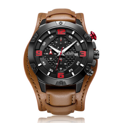 

MEGIR 2099 Men Watch Quartz Sport Simple Wristwatch Leather Strap 3ATM Waterproof Calendar Chronograph Luminous Hands Fashion Casu