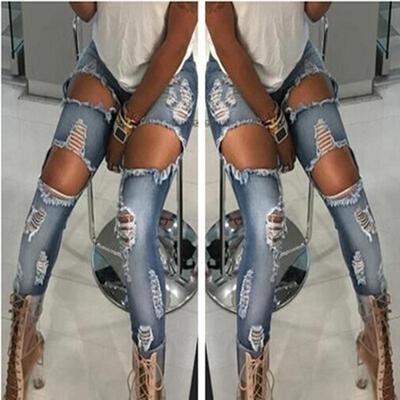 

Women&39s Denim Skinny Ripped Pants High Waist Stretch Jeans Slim Pencil Trousers
