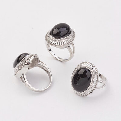

Natural Black Agate Finger Rings with Alloy Ring Finding Paltinum Oval Size 8 18mm