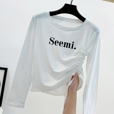 

Womens Round Neck Slim Blouse Tops Long Sleeve Letter Print Drawstring T-Shirts