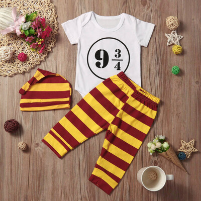 

3Pcs Newborn Baby Boy Clothes Short Sleeve RomperStriped PantHat Outfits Set