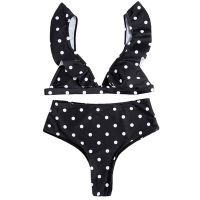 

Plunge Neck Backless Padded Flounce Polka Dot High Waist Women Bikini Set