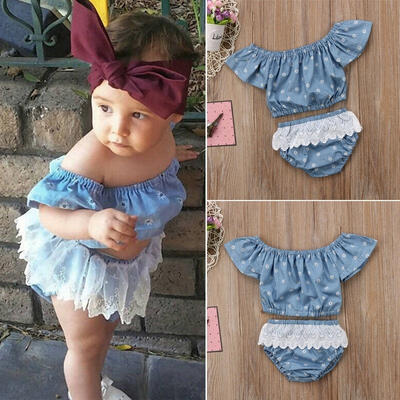 

Toddler Baby Kids Girl Clothes Off Shoulder Tops T-shirtLace Pants Outfits Set