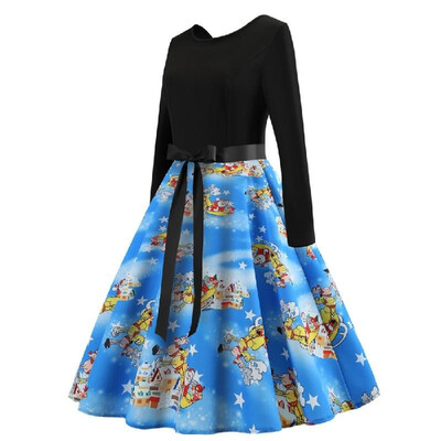 

Cross-border womens Christmas retro large swing skirt autumn&winter round neck long-sleeved contrast color backless print big