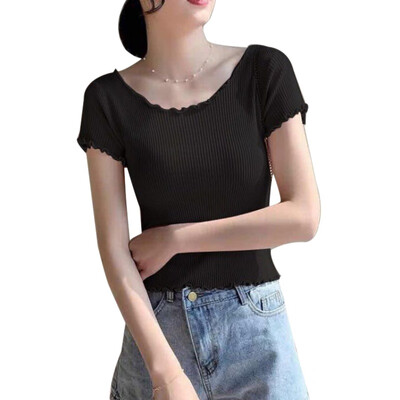 

Womens Fashion Ruffles O Neck Solid Short Sleeve Knitted Crop Top