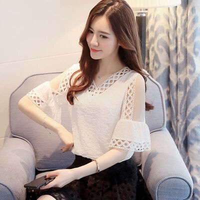 

Women V-neck Chiffon Blouse Summer Solid Color Sweet Lace Hollow Bell Sleeve Strapless Tops