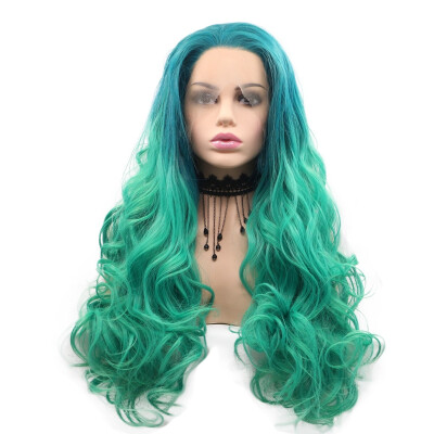 

Amazing Star Lace Frontal Wigs Long Curly Wave Green Color Heat Resistant Fiber Free Part Synthetic Hair For Fashion Women