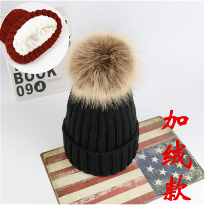 

Hat female winter Korean version versatile student imitation raccoon dog fox ball wool cap thickened Plush knitted pullover cap