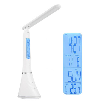 

Foldable LEDs Table Lamp Touching Control USB Rechargable Dimmable Reading Light with Alarm Clock Calendar Temperature LCD Display