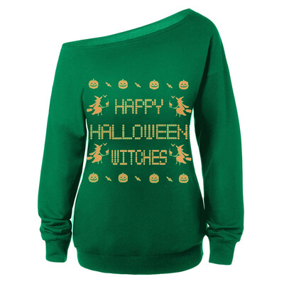 

Skew Neck Witches Print Halloween Sweatshirt