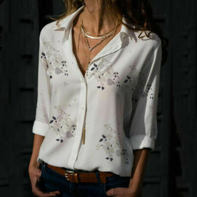 

Women Long Sleeve Blouse Loose Tops Floral V Neck Office Work Shirt Size 6-22