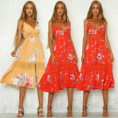 

Women Boho Long Maxi Dress Summer Beach Evening Cocktail Party Floral Sundress