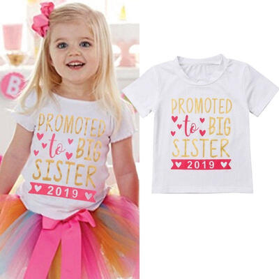 

New Baby Girl Casual Short Sleeve Letter Print Cotton White T-shirt Toddler Sister Tops Clothes